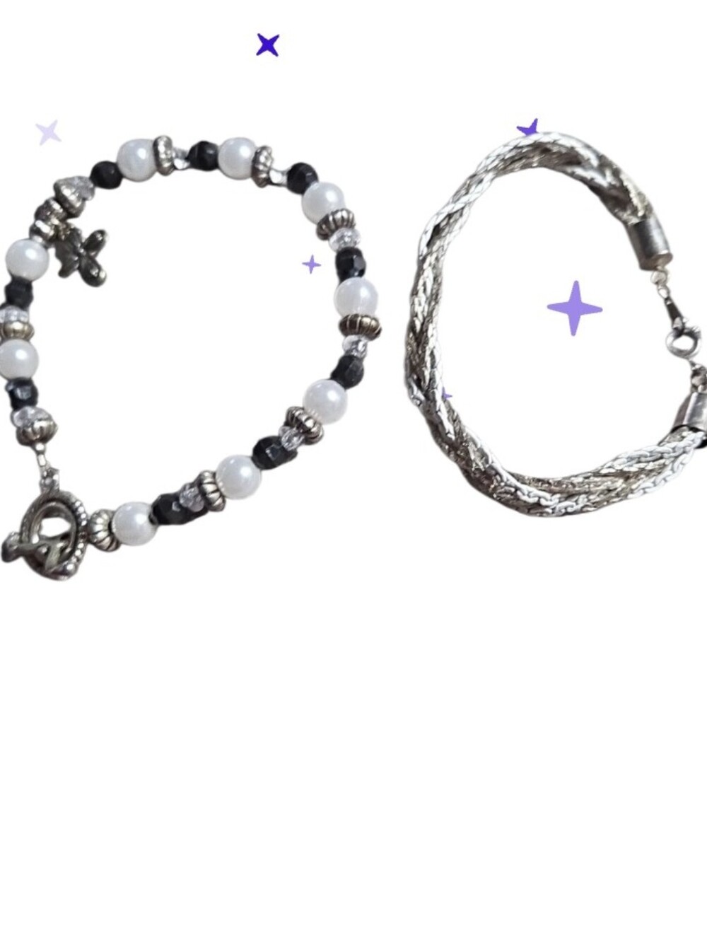 Vtg Silver Rope Bracelet and Black & White Beaded Charm Bracelet Set